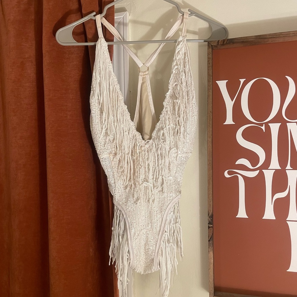 East and West Label Fringe V-Neck One-Piece